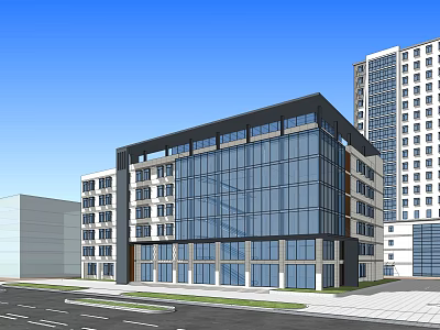 Modern Office Building Featuring Glass Facade And Multistory Design With Street View 3d model