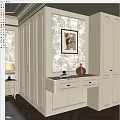 Elegant White Wardrobe With Gold Handles And Patterned Wallpaper Above Marble Countertop