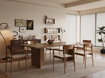 Modern Wooden Dining Table Set With Chairs Shelves And Indoor Plant 3d model
