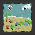 Cartoon Beach Scene With Palm Trees Colorful Umbrella White Boat And Lifeguard Hut