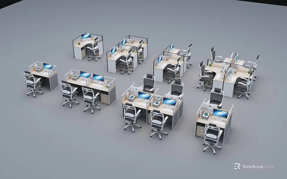 Modern Office Desks With Computer Monitors And Ergonomic Office Chairs 3d model 