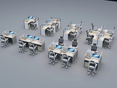 Modern Office Desks With Computer Monitors And Ergonomic Office Chairs 3d model