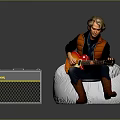 Man Playing Red Electric Guitar On Bean Bag Chair With Gray Amplifier
