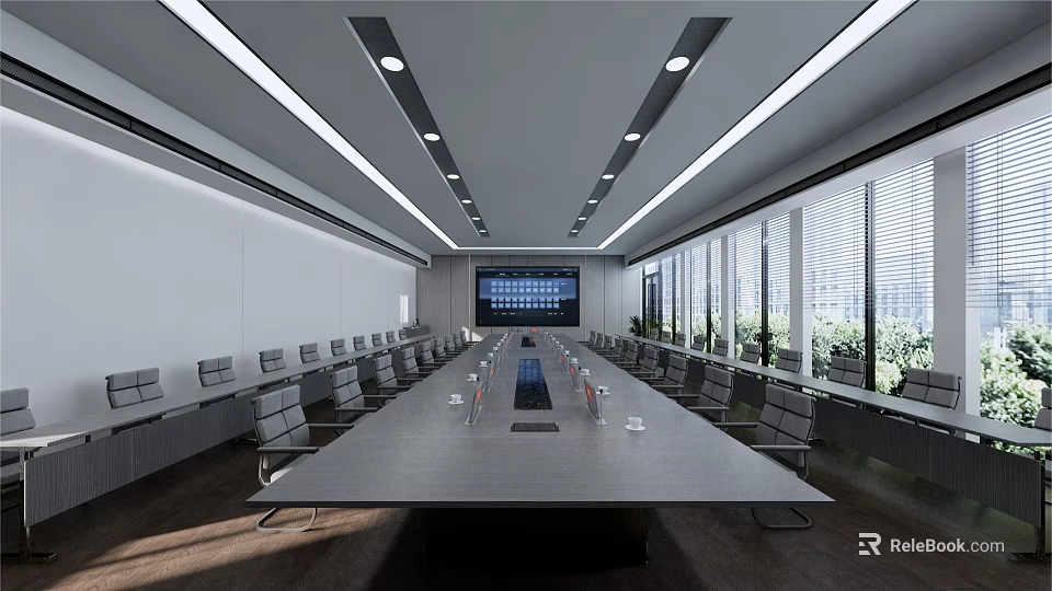 Modern Conference Room Interior With Long Conference Table Comfortable Chairs Large Windows And Digital Screen 3d model 