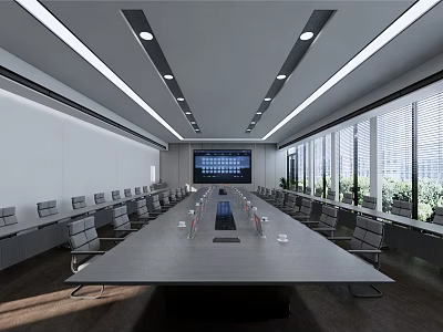 Modern Conference Room Interior With Long Conference Table Comfortable Chairs Large Windows And Digital Screen 3d model