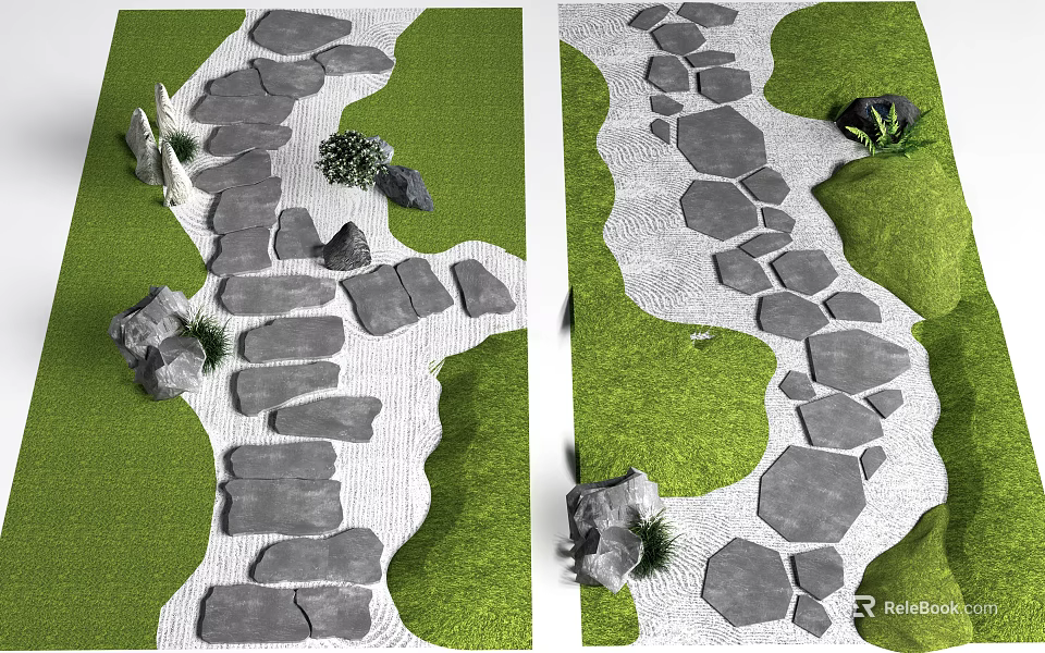 Stone and Wood Garden Path Featuring Green Lawn and Small Plants Natural Outdoor Walkway 3d model 