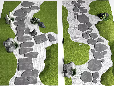 Stone and Wood Garden Path Featuring Green Lawn and Small Plants Natural Outdoor Walkway 3d model