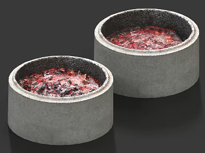 Circular Concrete Fire Pits With Burning Red Embers And Black Ashes 3d model