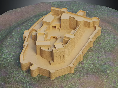 Ancient Fortress With Stone Brick Walls Towers And Arches On Green Grass Ground 3d model
