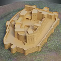 Ancient Fortress With Stone Brick Walls Towers And Arches On Green Grass Ground