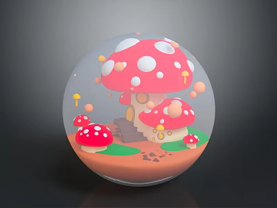 Whimsical Mushroom House Furniture Inside Transparent Sphere With Red White Spots Mushrooms And Green Grass 3d model