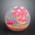 Whimsical Mushroom House Furniture Inside Transparent Sphere With Red White Spots Mushrooms And Green Grass
