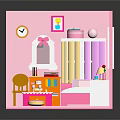 Pink Dollhouse Room Interior With Bed Wardrobe Desk Chair And Windows