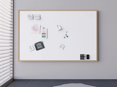 Whiteboard with Wooden Frame Hanging on Wall with Notes Cards Pushpins and Markers 3d model