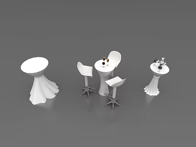 White Modern Bar Tables With Chairs Wine Glass And Flower Decorations 3d model
