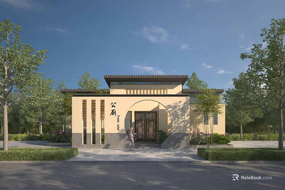 Scenic Traditional Public Village Building With Courtyard Entrance And Green Trees 3d model 