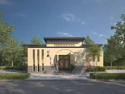 Scenic Traditional Public Village Building With Courtyard Entrance And Green Trees 3d model