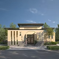 Scenic Traditional Public Village Building With Courtyard Entrance And Green Trees