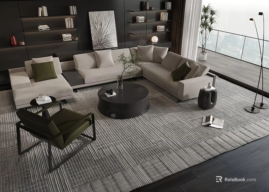 Modern Sofa And Coffee Table Combination With Green Cushions Round Table Armchair And Area Rug 3d model 