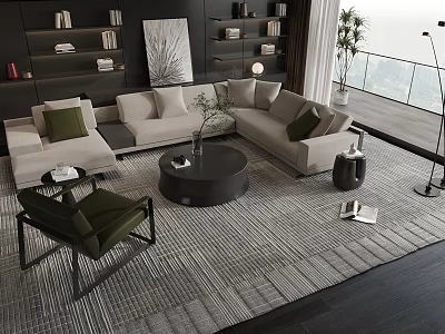 Modern Sofa And Coffee Table Combination With Green Cushions Round Table Armchair And Area Rug 3d model