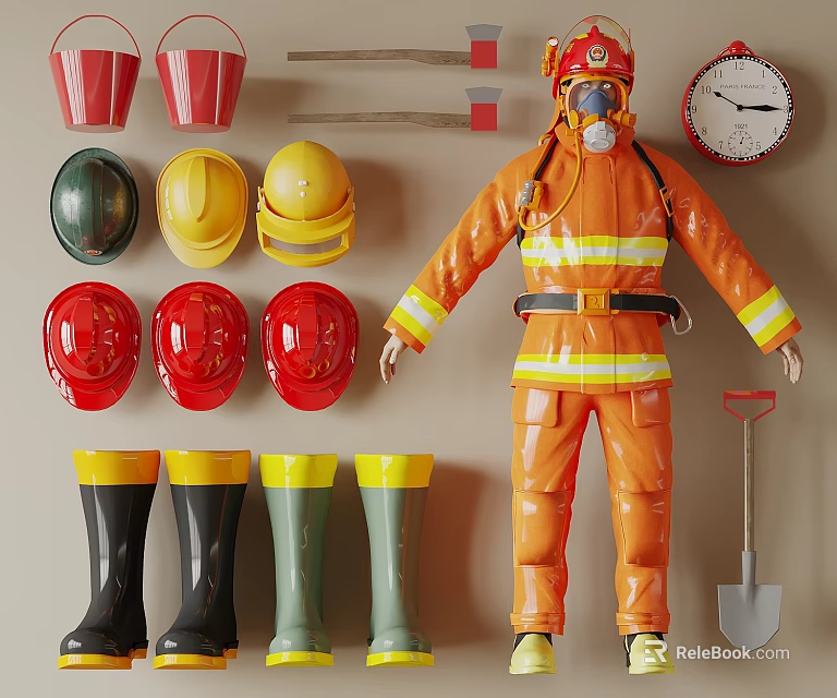 Essential Fire Fighting Equipment With Helmets Suit Boots Buckets And Axes 3d model 