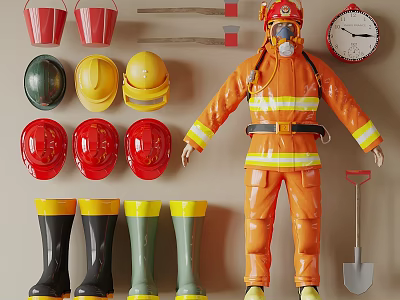 Essential Fire Fighting Equipment With Helmets Suit Boots Buckets And Axes 3d model