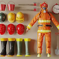 Essential Fire Fighting Equipment With Helmets Suit Boots Buckets And Axes