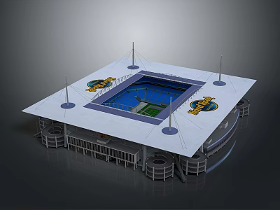 Modern Sports Stadium With White Roof Circular Logos And Blue Central Field 3d model