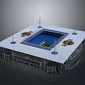Modern Sports Stadium With White Roof Circular Logos And Blue Central Field