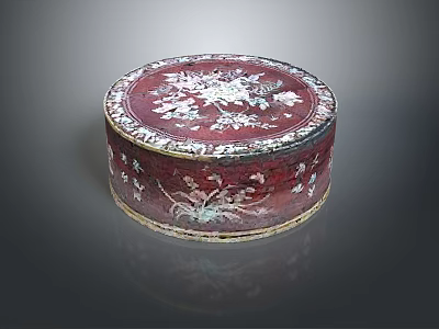 Traditional Red Circular Decorative Ornament Box With Intricate White Floral Patterns 3d model