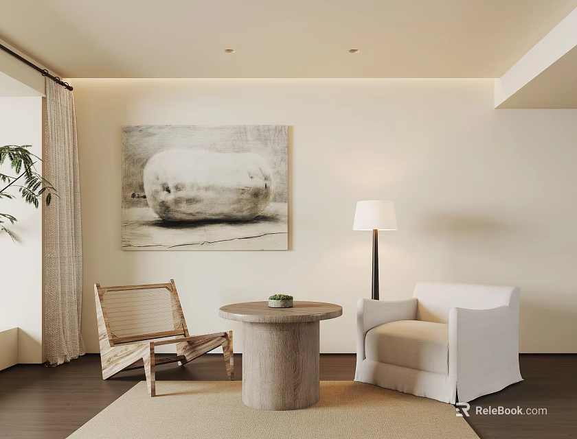 Rattan and White Upholstered Leisure Chairs with Round Stone Table Floor Lamp and Wall Painting 3d model 