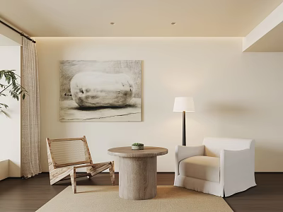 Rattan and White Upholstered Leisure Chairs with Round Stone Table Floor Lamp and Wall Painting 3d model