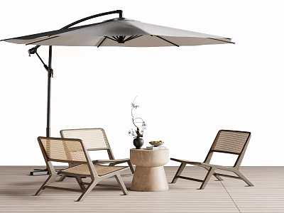 Outdoor Rattan Table And Chair Set With Umbrella On Wooden Deck 3d model