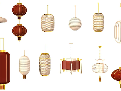 Various Styles of Traditional and Modern Lanterns with Red White Gold Colors and Woven Patterns 3d model