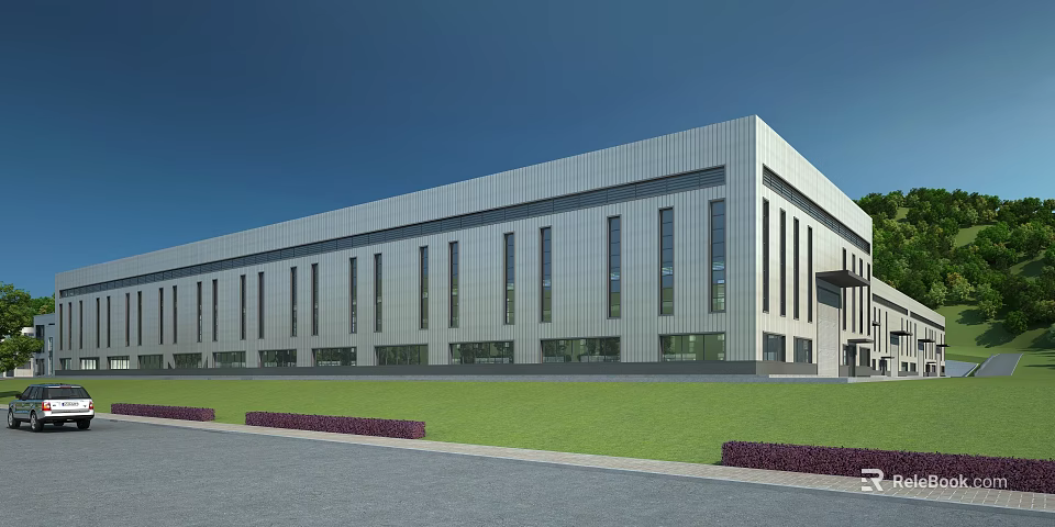 Modern Industrial Factory Building With Large Glass Windows And Spacious Green Lawn 3d model 