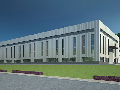 Modern Industrial Factory Building With Large Glass Windows And Spacious Green Lawn 3d model
