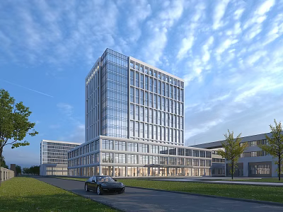 Modern Office Building With Glass Curtain Walls Green Lawn Trees And Blue Sky 3d model