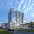 Modern Office Building With Glass Curtain Walls Green Lawn Trees And Blue Sky