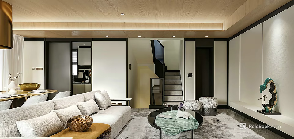 Modern Living and Dining Room Interior With Sofa Coffee Table Rug And Staircase 3d model 