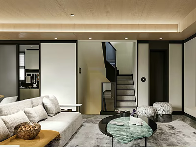 Modern Living and Dining Room Interior With Sofa Coffee Table Rug And Staircase 3d model