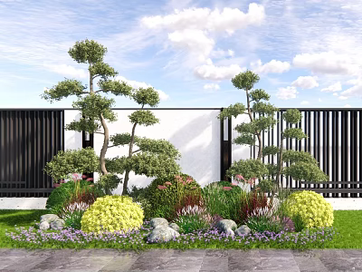 Garden Plant Combination With Decorative Trees Shrubs Flowers Stones White Wall And Black Screen 3d model