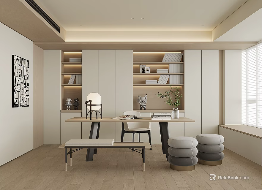 Modern Study Room Interior With Built in Bookshelves Wooden Desk Designer Chair And Potted Plant 3d model 