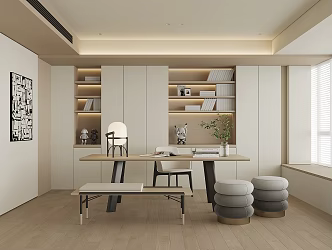 Modern Study Desk Chair Table and Chair Bookcase Table Lamp Chandelier Plant Carpet Curtain Decorations Hanging Stool 3d model