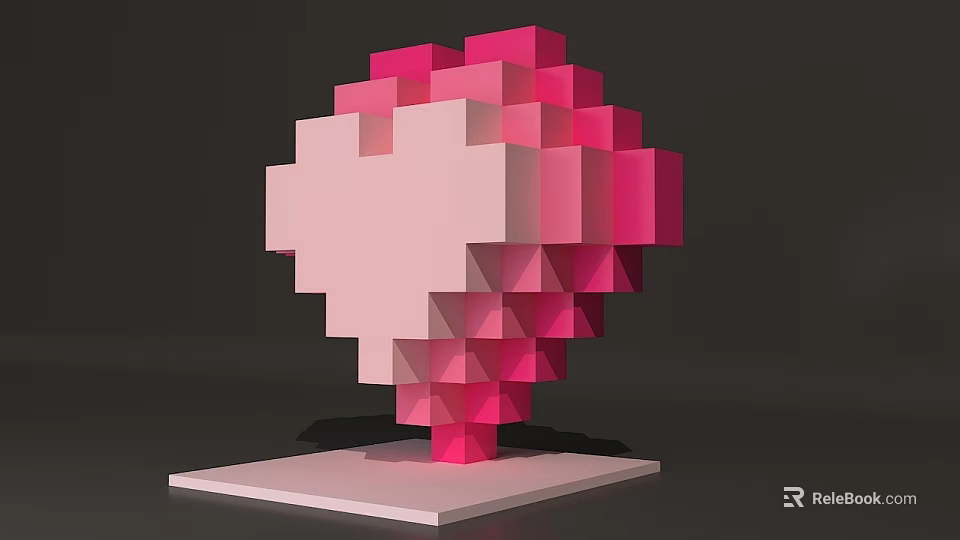 3D Pixel Art Tree Structure With Pink White Blocks On White Base 3d model 