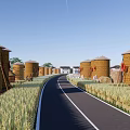 Rural Scenic Landscape With Rice Fields Road Straw Granaries Village And Fu Characters