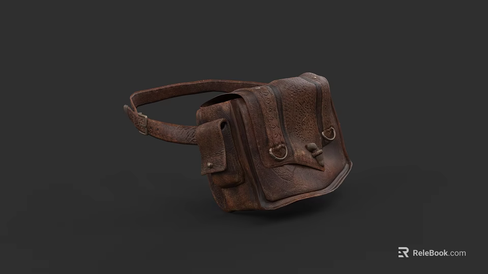 Vintage Brown Leather Fanny Pack With Leather Strap Metal Buckles And Small Pockets 3d model 