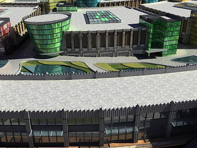 Modern Commercial Street Featuring Curved Glass Buildings Green Rooftops And Open Plaza Area 3d model