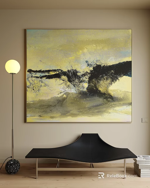 Modern Abstract Painting Yellow Black Gray Textured Artwork Hanging On Beige Wall Interior Decor 3d model 