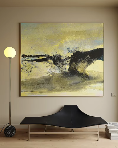 Modern Abstract Painting Yellow Black Gray Textured Artwork Hanging On Beige Wall Interior Decor 3d model