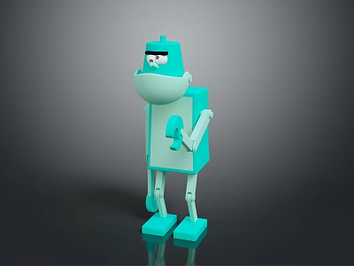 Cartoon Style Teal Robot 3D Game Movie Character With Question Mark Symbol And Square Body 3d model